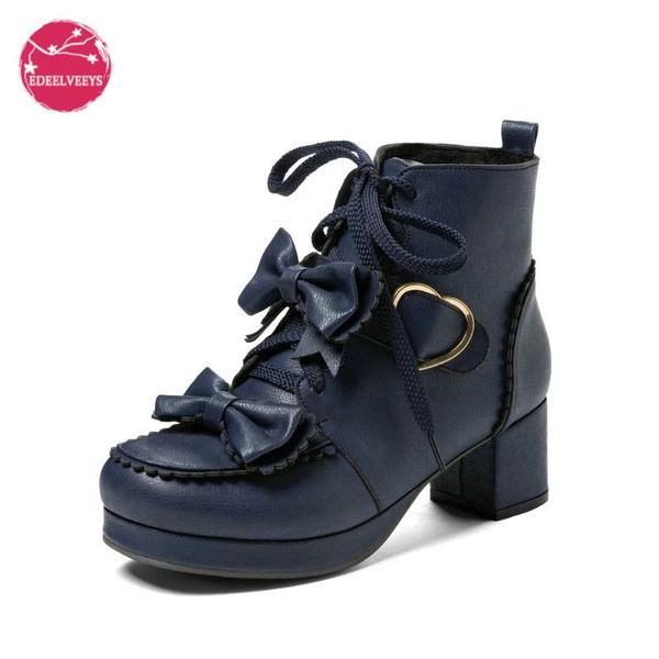 

boots jk-uniform winter warm lolita japanese kawaii cosplay party women shoes cute sweetheart lace up bowknot girls students, Black