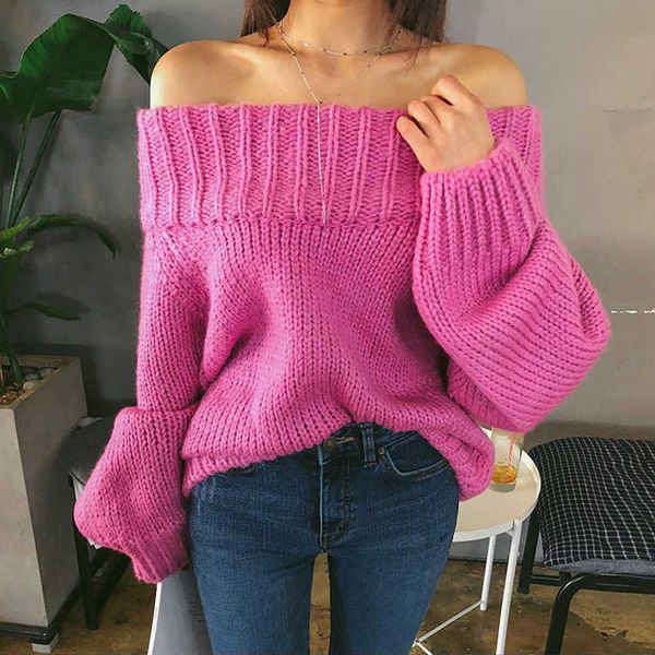 

fashion slash-neck full sleeve knitted sweater women cold shoulder elastic knitted pullovers femme off-shoulder jumper v191130, White;black