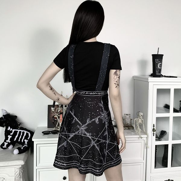 

vintage elegant spaghetti straps pentagram rose print dress gothic women loose mini dress female harajuku party dress, Black;gray