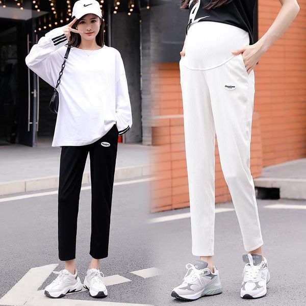 

5505# spring summer korean fashion thin maternity pants elastic waist belly pants clothes for pregnant women casual pregnancy, White