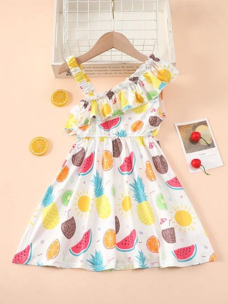 

toddler girls fruit print asymmetrical neck ruffle trim dress she, Red;yellow