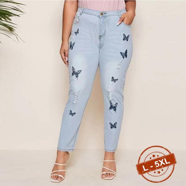 

women's jeans woman high waist plus size 5xl butterfly print harajuku fashion y2k skinny 90s streetwear ripped pencil denim pants, Blue