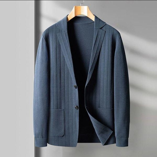 

men's sweaters dress collar knitted cardigan spring casual solid color stripe jacquard fashion sweater coat, White;black