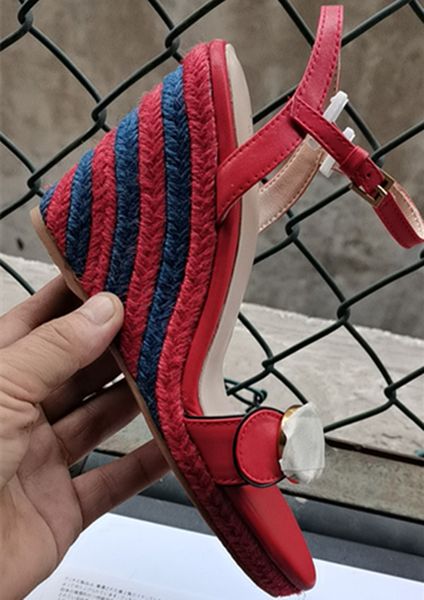 

women straw shoes big size women wedge sandals open toe gold color wedge shoes fashion buckle sandal straw bottom pumps lady, Black