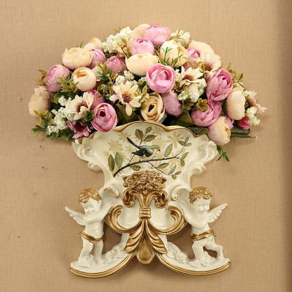 

vases europe wall hanging resin vase+artificial flower crafts mural decoration pendant pots home livingroom ornaments