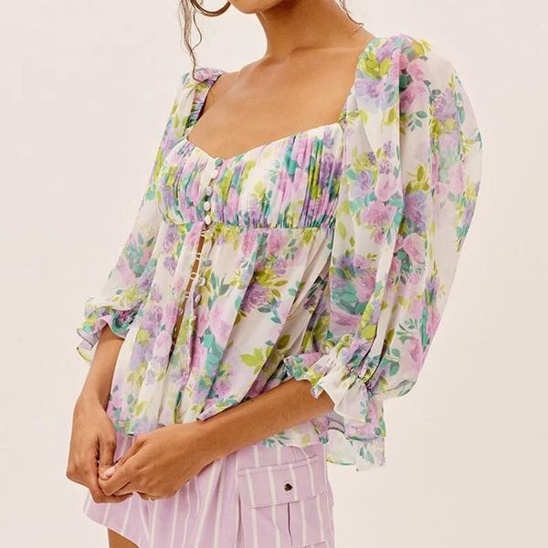 

women's blouses & shirts foridol floral print purple boho summer blouse shirt women vintage button up pelpum 2021 chiffon short half s, White
