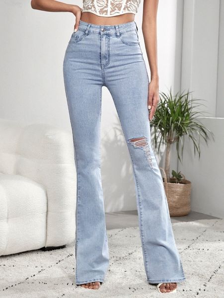 

tall high waist ripped slit hem jeans s3ni#, Blue