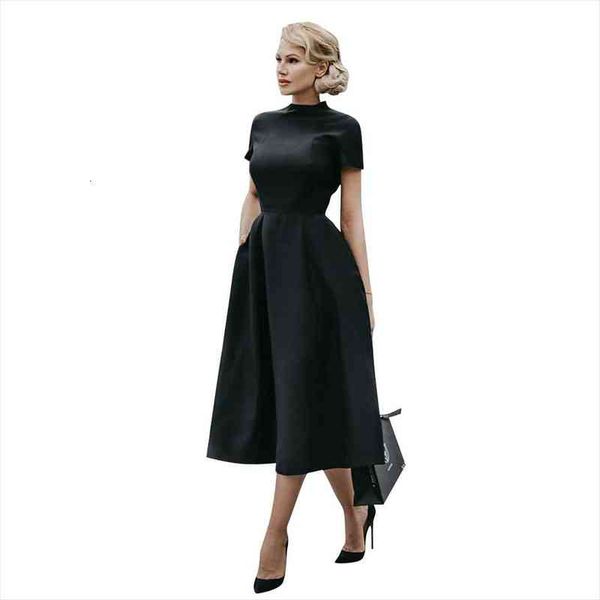 

elegant black shirt half women dresses high collar waist a line slim fit midi office female solid vestidos, Black;gray