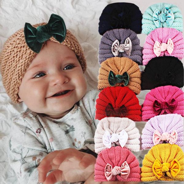 

caps & hats solid color gold velvet bowknot baby hat turban soft autumn winter warm girl kid knitted cap cute thick born toddler beanie, Yellow