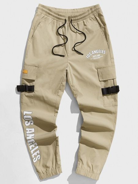

men buckled flap pocket slogan graphic drawstring waist pants i2mt#, Black