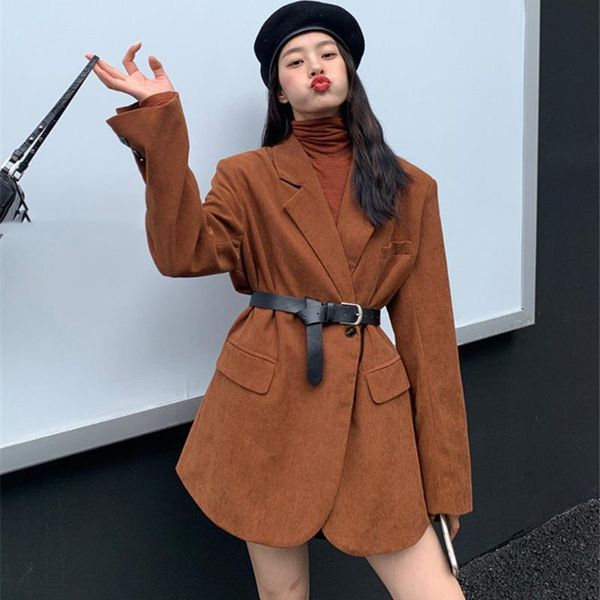 

women's suits & blazers [ewq] korea simple corduroy blazer coat women 2021 autumn winter temperament fashionable medium long suit femal, White;black