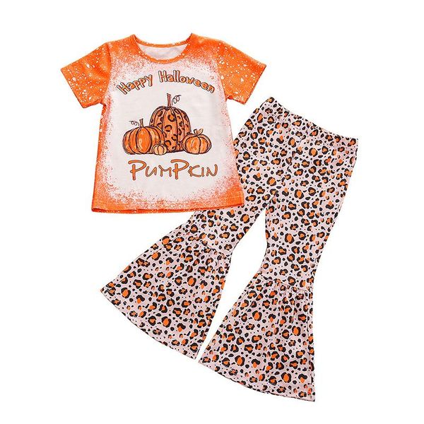 

clothing sets halloween 1-5years kids girl t-shirt trousers suit fashion pumpkin short sleeve leopard trumpet long pants clothes set, White