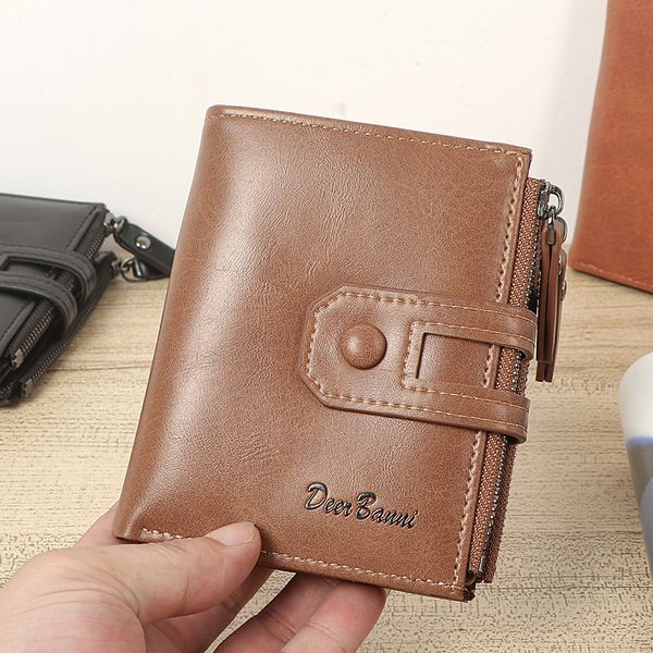 

mens wallet casual korean buckle retro short wallet multifunctional zipper vertical male coin purse card holders bag folding, Black;red