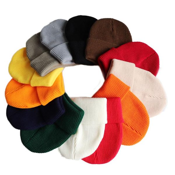 

beanies solid color women beanie hat men winter autumn warm wool knitted bonnet female girls curled-edge casual skullies cap