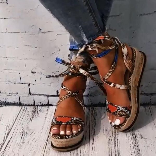 

wedges heels fashion 2021 big size 43 wholesale shoelaces snake printed summer ins shoes women sandals, Black