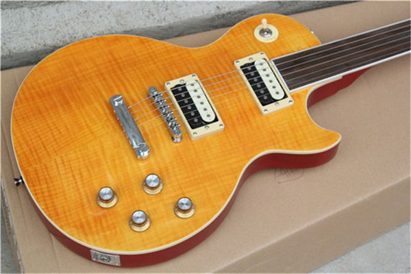 

neck one piece body electric guitar in sunburst ,upgrade tune-o-matic bridge guitar tiger flame guitar yellow