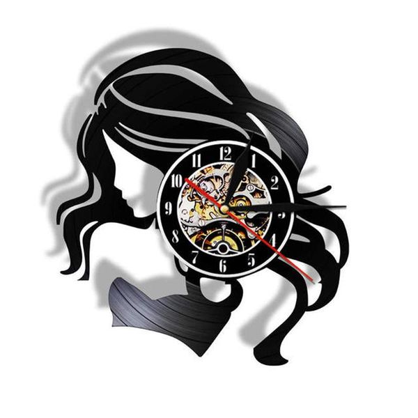 

wall clocks beauty lady hair salon business sign retro silent quartz clock record lp care beautiful woman barber watch logo