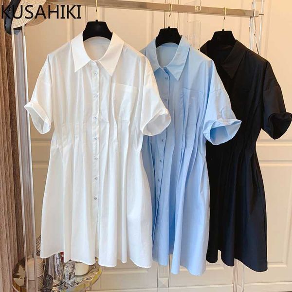 

kusahiki korean elegant folds slim waist dresses short sleeve turn-down collar woman dress summer vestidos mujer 6j107 210602, Black;gray