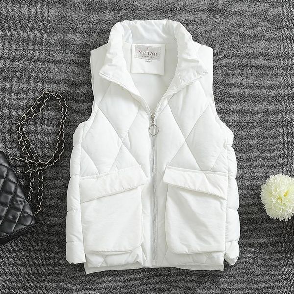 

women's vests 2021 autumn vest jacket short loose waistcoat zipper stand collar winter warm coat cotton sleeveless parka, Black;white