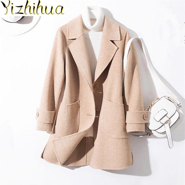 

women's wool & blends side coat double 2021 autumn winter jacket women woolen female korean pink long jackets casaco feminino my3917, Black
