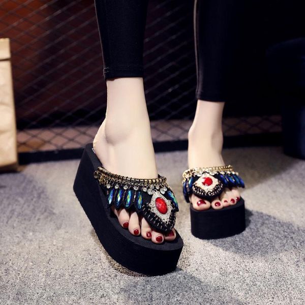 

2021 platform wedge heel 8cm women slippers flip flop rhinestone luxurious summer shoes comfortable slides, Black