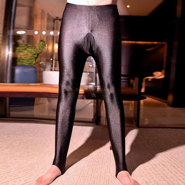 

men's socks oil shiny glossy men pantyhose sheath tight stocking with pouch crotchless underwear sleep bottom lingerie tights, Black