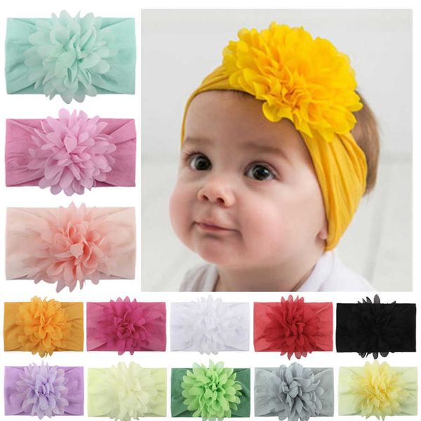 Tiktok crianças macio nylon headband com flor grande bebê meninas recém-nascidos chiffon cabelo floral envoltório hairbands designers faixa cabeça princesa faixa cabelo