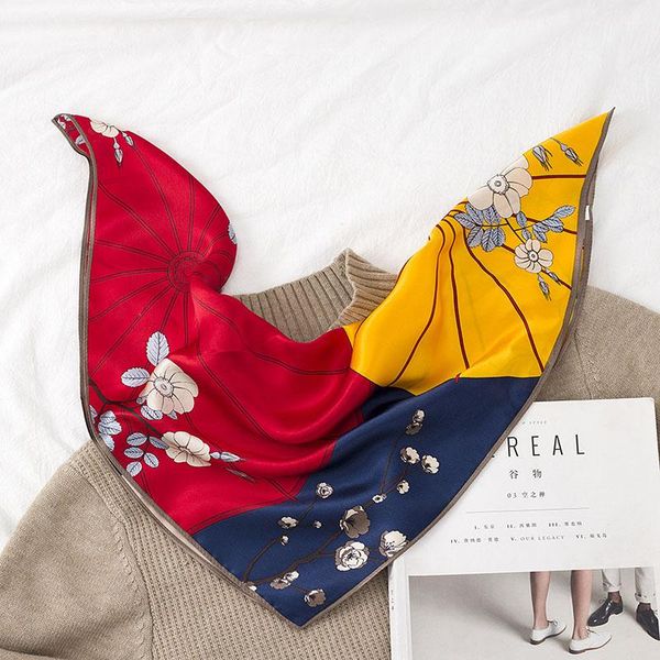 

scarves 2021 summer brand 100% pure silk square scarf women foulard bandana shawl fashion hit color floral print lady headband 52*52 cm, Blue;gray