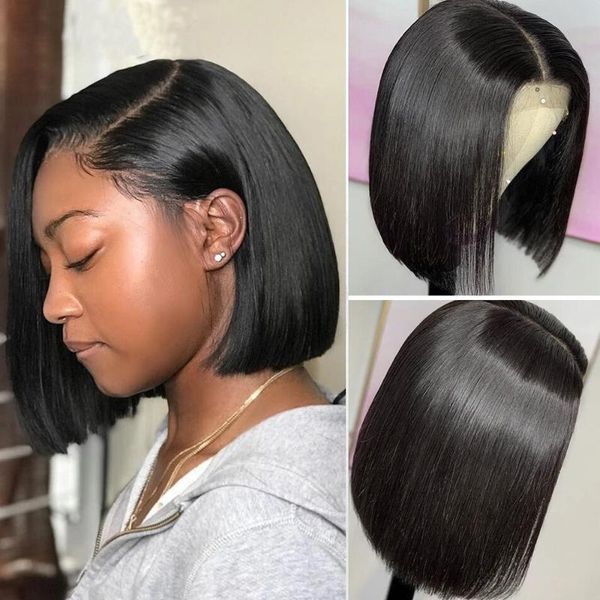 

lace wigs short bob straight 13x4 hd transparent frontal baby hair front human for women peruvian 4x4 closure wig, Black;brown