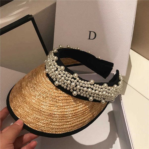 

women's pearl roofless holiday beach sun hat women's wide brim hat horse racing travel outdoor fashion woven sun hat, Blue;gray