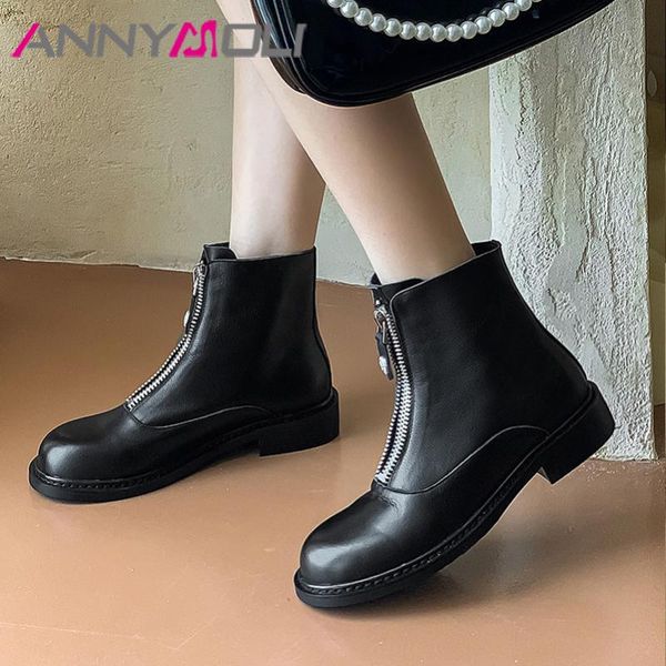 

boots annymoli genuine leather mid heel ankle women shoes zipper metal decoration block heels short autumn winter beige 40, Black