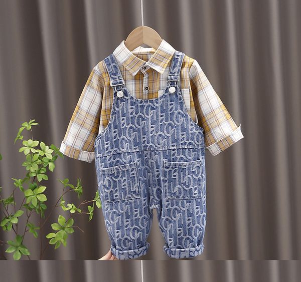 

fashion kids cotton clothing sets 1-6t baby boys& girls plaid shirt letter denim overalls +suspenders jeans=2pcs/set, White