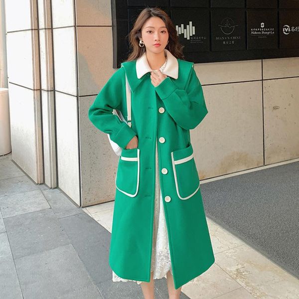 

women's wool & blends [ewq] 2021 winter navy collar woolen coat female long sleeve solid color single breasted coats fashion 2w1474, Black