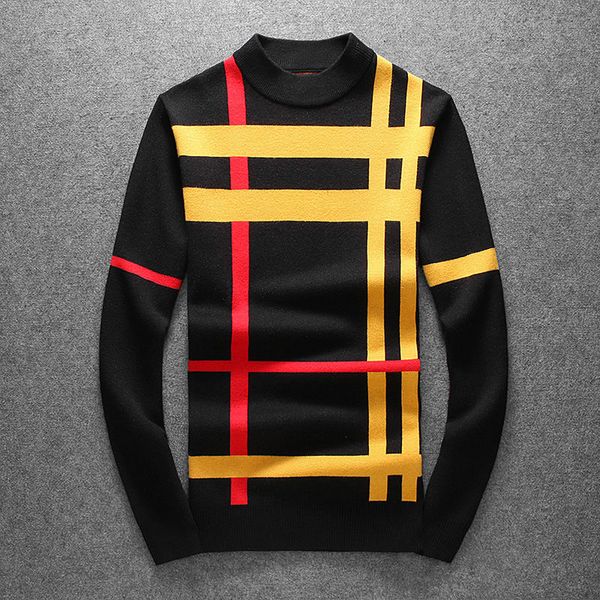 

2021 fashion men's pullover small 0-neck sweater autumn and winter knit thick long-sleeved color matching striped sweater tight-fitting, White;black