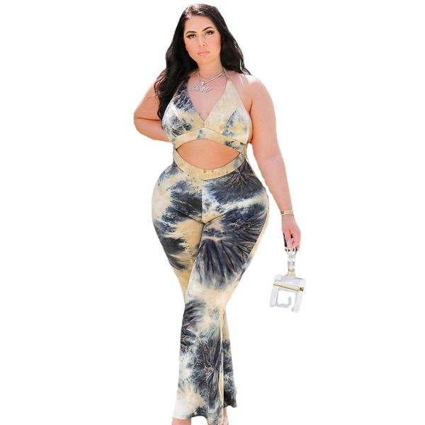 Plus Size Vrouwen Tie-dye Print Jumpsuits Zomer Halter Lace-up Hollow Out Hoge Taille Wijde pijpen strand Stijl Backless Rompertjes 210525