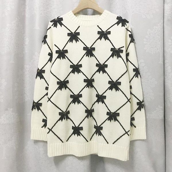 

women's sweaters [ewq] korea chic autumn casual trend women o neck rhinestone bow stitching fashion simple knitted sweater 2021 16e2135, White;black