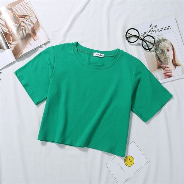 

summer short sleeve t shirts women cotton solid -shirt o neck high waist crop op ee female casual loose shirt 210607, White