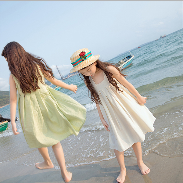 

kids dress 2020 new cotton linen holiday girls dress beach dresses children summer suspender mother daughter clothing 4-16y, Red;yellow