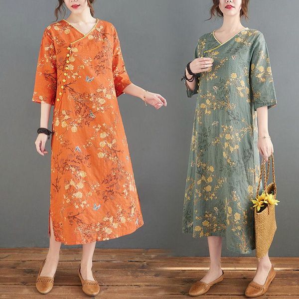 

oblique buckle improved cheongsam cotton and linen printed dress plus size three-quarter sleeves v-neck ramie floral dress y1591, Black;gray