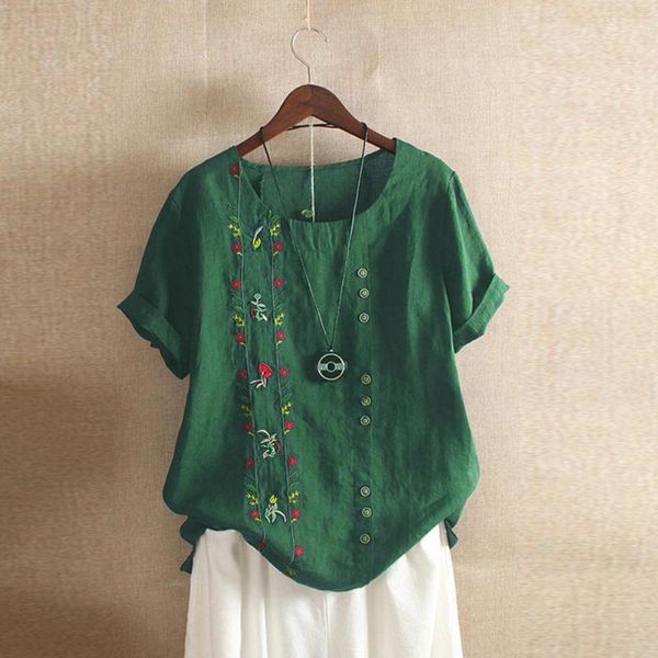 

plus size ladies bohemian summer floral embroidered short sleeves shirt casual women o-neck pullover blouse cotton linen tee, White
