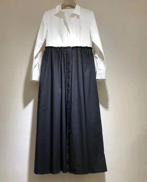 

casual dresses cotton dress 2021 autumn women turn-down collar black white color block belt deco long sleeve mid-calf, Black;gray