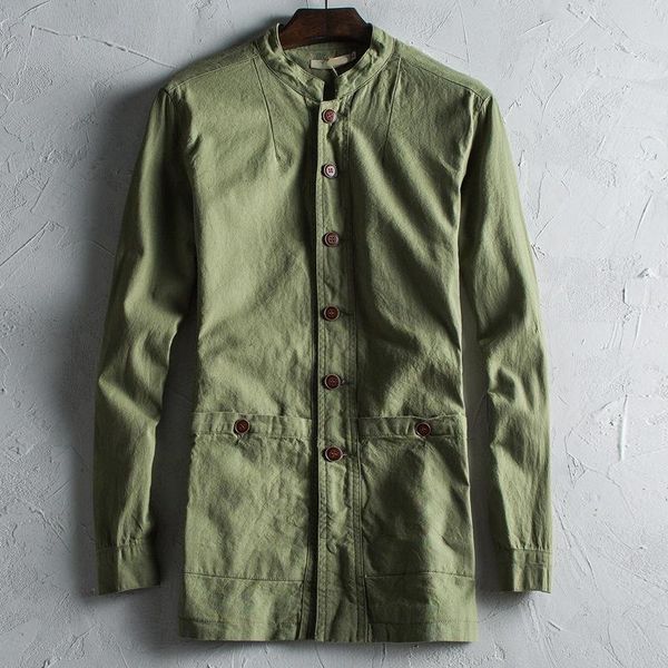 

men's trench coats autumn chinese cotton linen jacket oversize mens long sleeve windbreaker men green button up male coat xxxl, Tan;black
