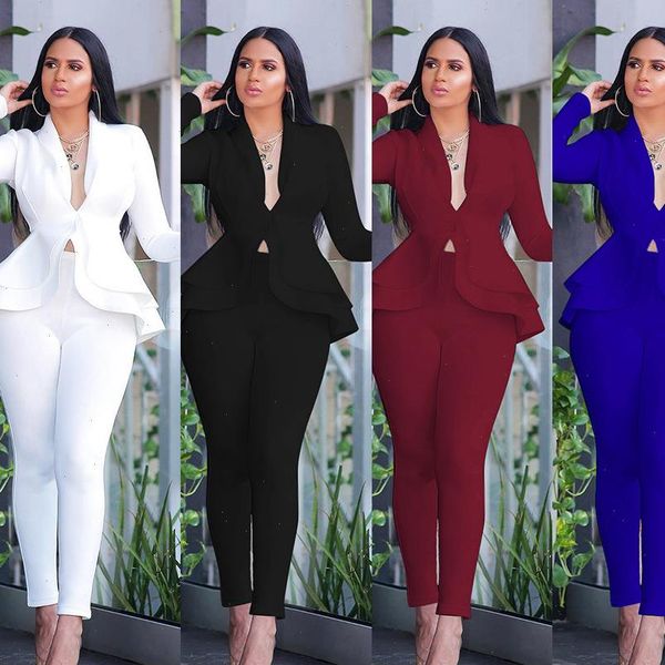 

new women winter womens set tracksuit full sleeve ruffles pencil pants suit two piece set office lady outfits uniform, Gray