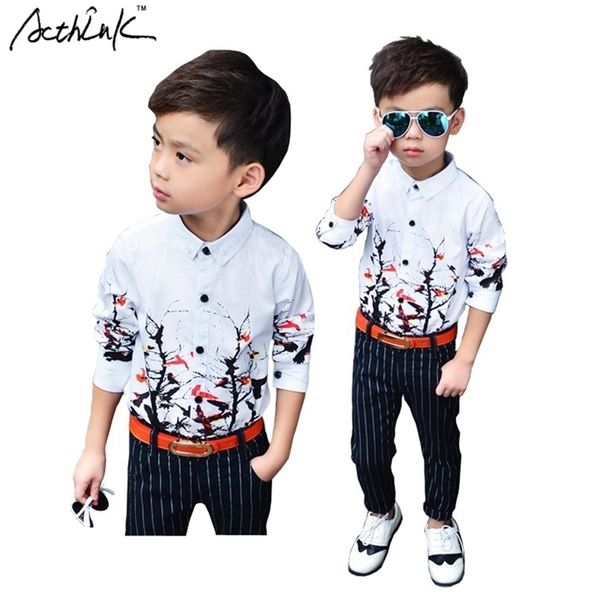 Acthink New Kids Flatch Pattern Floral Платья Рубашки для мальчиков Марки Детские Весна Официальные Свадебные Рубашки, C153 210306