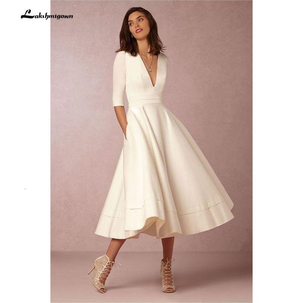 

2021 new tea-length vintage wedding es with half sleeves v-neck custom make short beach party bridal plus size gown aws4, White