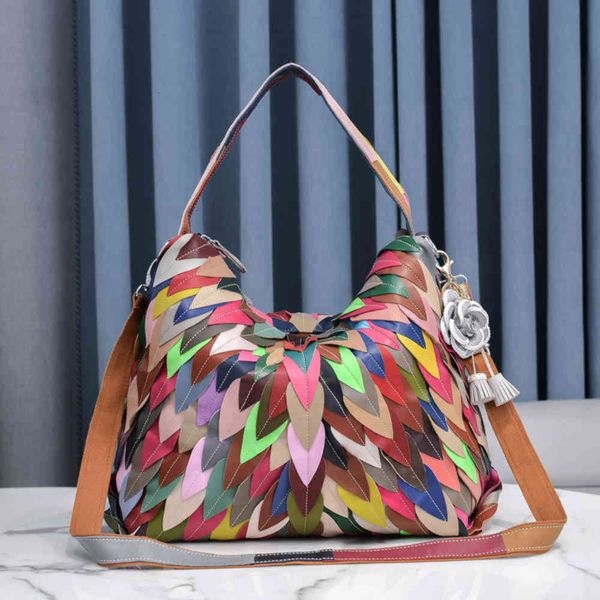 

leather women's bag 2020 new soft leather leaf splicing foreign style slant span versatile fashion large capacity