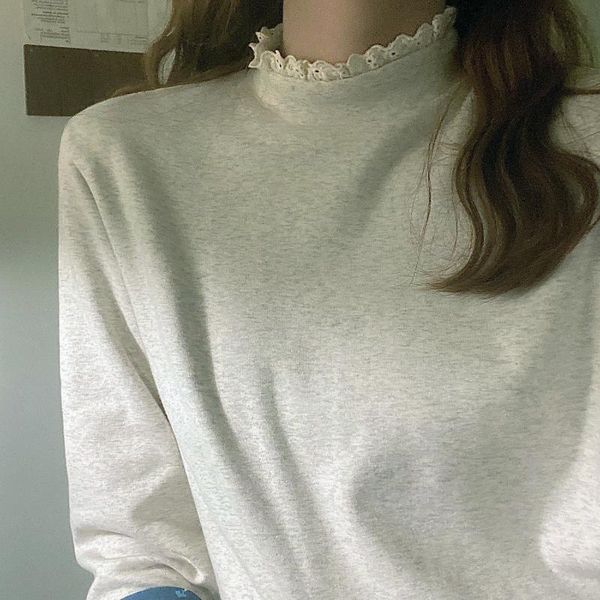 

women's t-shirt woman tshirts cotton long sleeve autumn winter loose wear lace turtleneck mujer camisetas, White