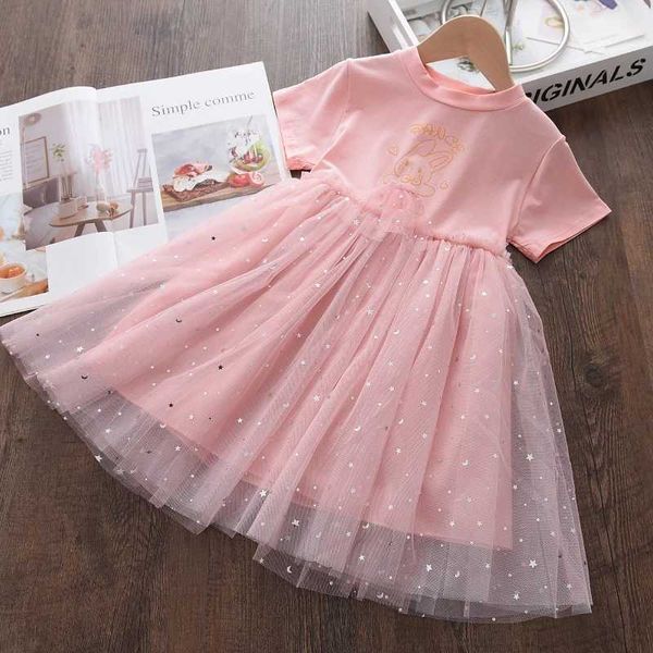 2021 Novos Bebé Meninas Princesa Vestidos Crianças Malha Retalhos Roupas Crianças Cartoon Bunny Roupas Verão Trajes de Verão 3-7 Anos G1026