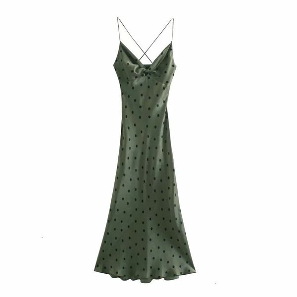 

green new 2021 polka dot long satin party women summer cross backless slip woman camisole vintage dress crf0 6m5g, Black;gray