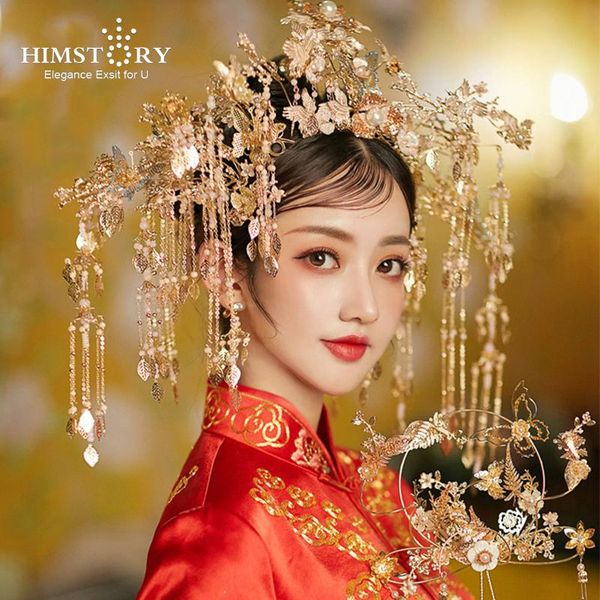 

hair clips & barrettes himstory chinese wedding bride crown traditional large gold headdress accessories stage show jewelries, Golden;silver